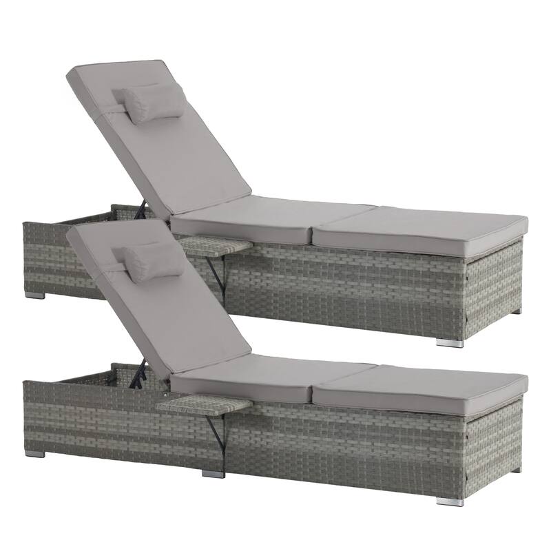 Outdoor Chaise Lounge Chair Set of 2 with Storage Patio Pool Chairs Tanning Lounges for Outside, Beach Rattan Recliners