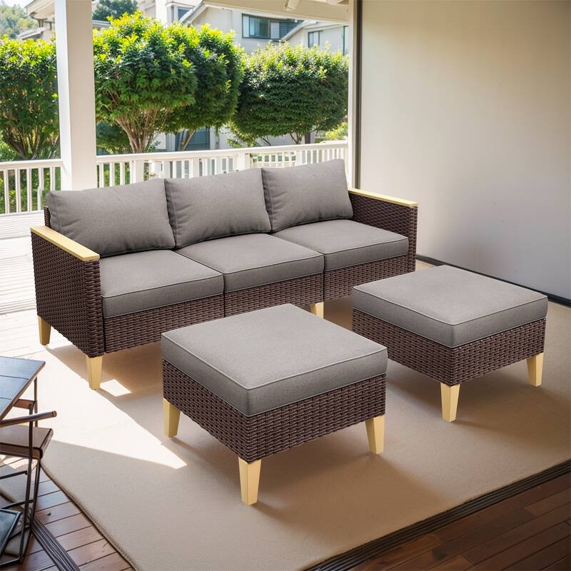 Gymojoy Patio Sofa Set with Ottomans - Brown - Grey