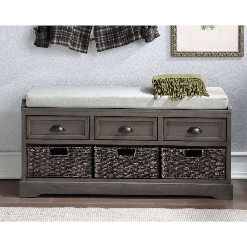 44 in. W Collection Wood Storage Bench with 3 Drawers and 3 Baskets - Grey+Beige