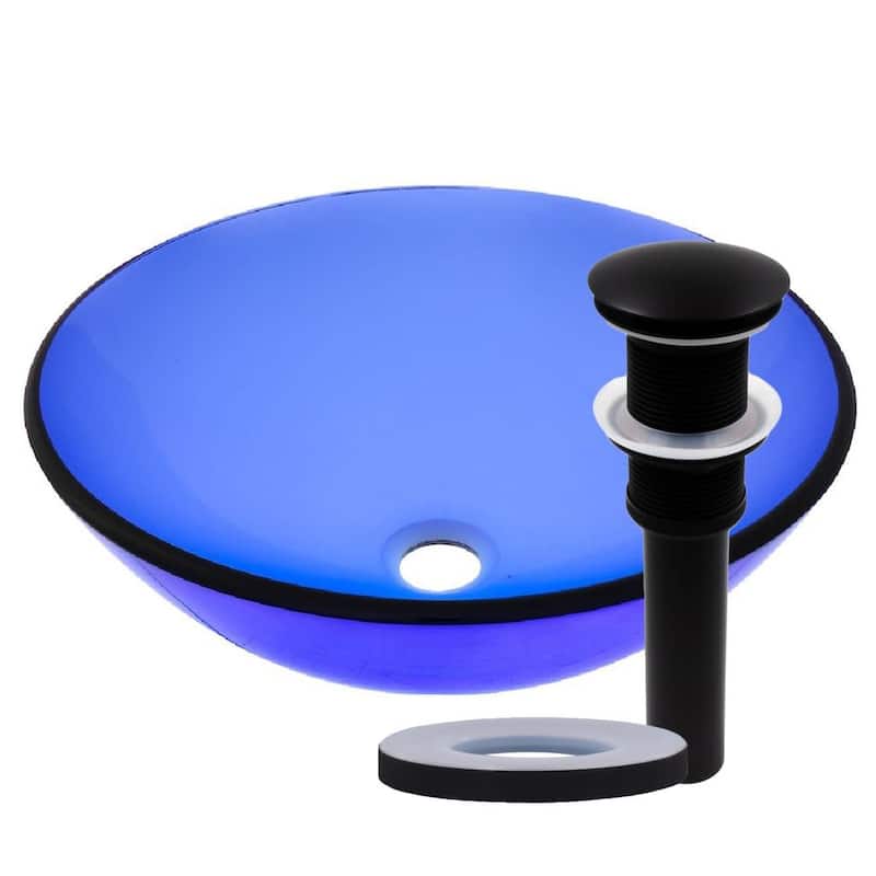 Miseno Circular 16-1/2" Tempered Glass Vessel Bathroom Sink with Drain - Flat Black Drain