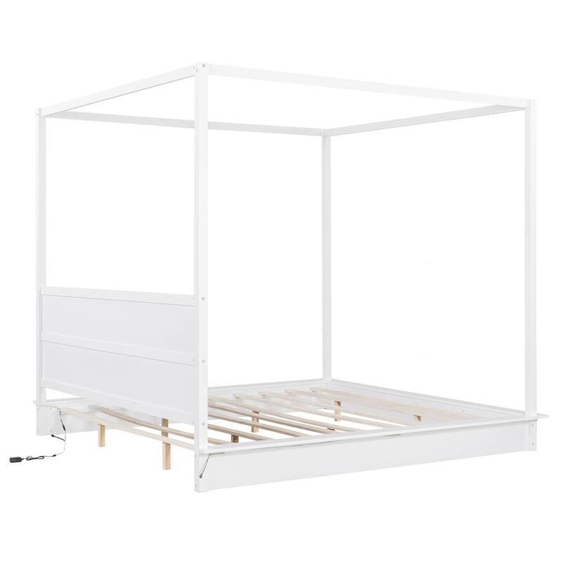 King Size Wood Led Canopy Bed ,Canopy Platform Bed With Support Slats, No Box Spring Needed