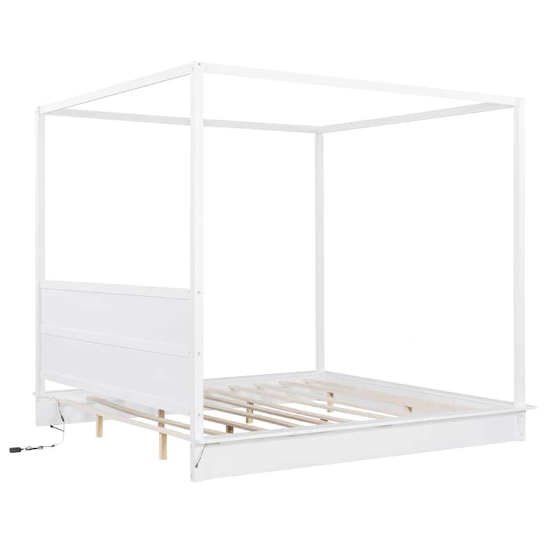 Wooden Canopy Bed with Brushed-effect Finish Master Bedroom Bed White Canopy Bed LED Platform Bed with Top Canopy Rails
