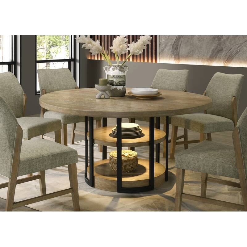 Eden 59" Round Rustic Oak Dining Table with LED Light, Black Metal Frame, Shelves