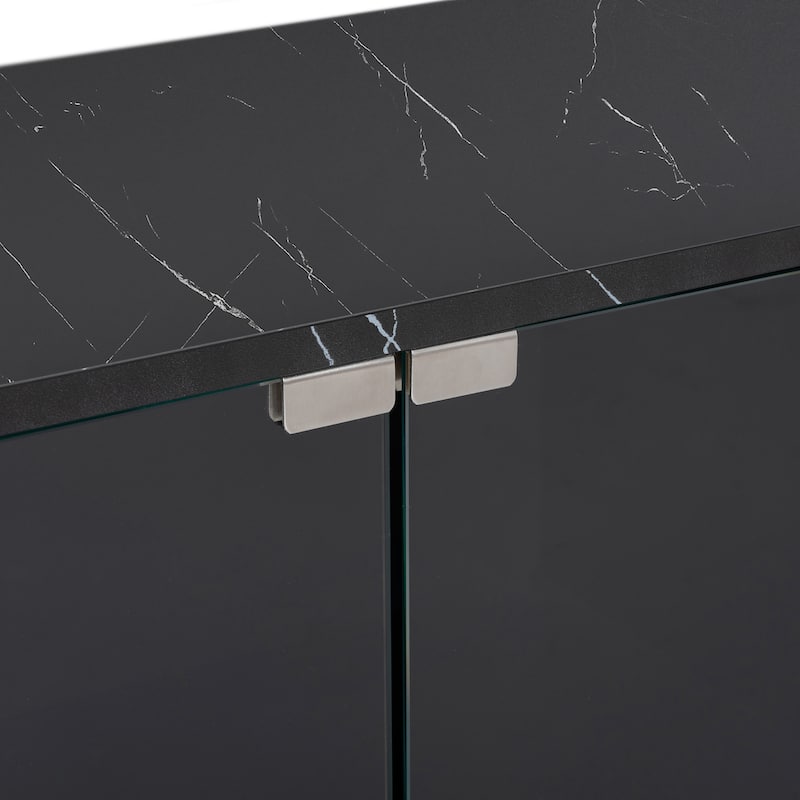 LED TV Stand for TVs Up to 105'', Faux Marble Tabletop TV Console with Glass Doors, Media Center with 2 Drawers & Cabinets