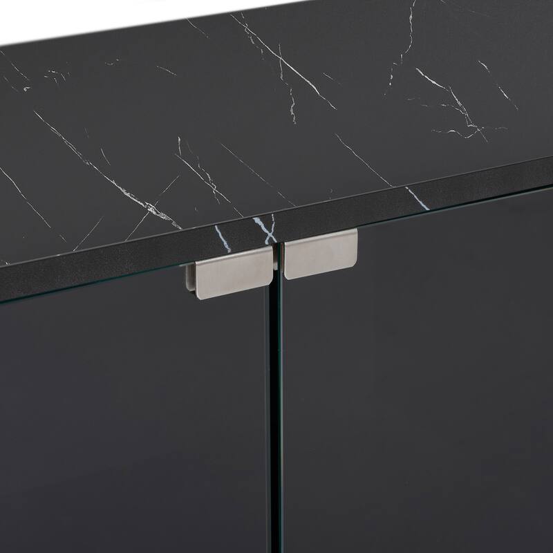 Modern APP Controlled LED TV Stand for TVs Up to 105'', Faux Marble Tabletop Media Console with Tempered Glass Doors & 2 Drawers