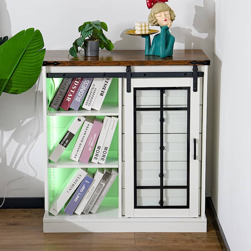 Wooden Storage Cabinet with LED Lights, 5 Drawers and Adjustable Shelves, Rustic Barn Door File Cabinet