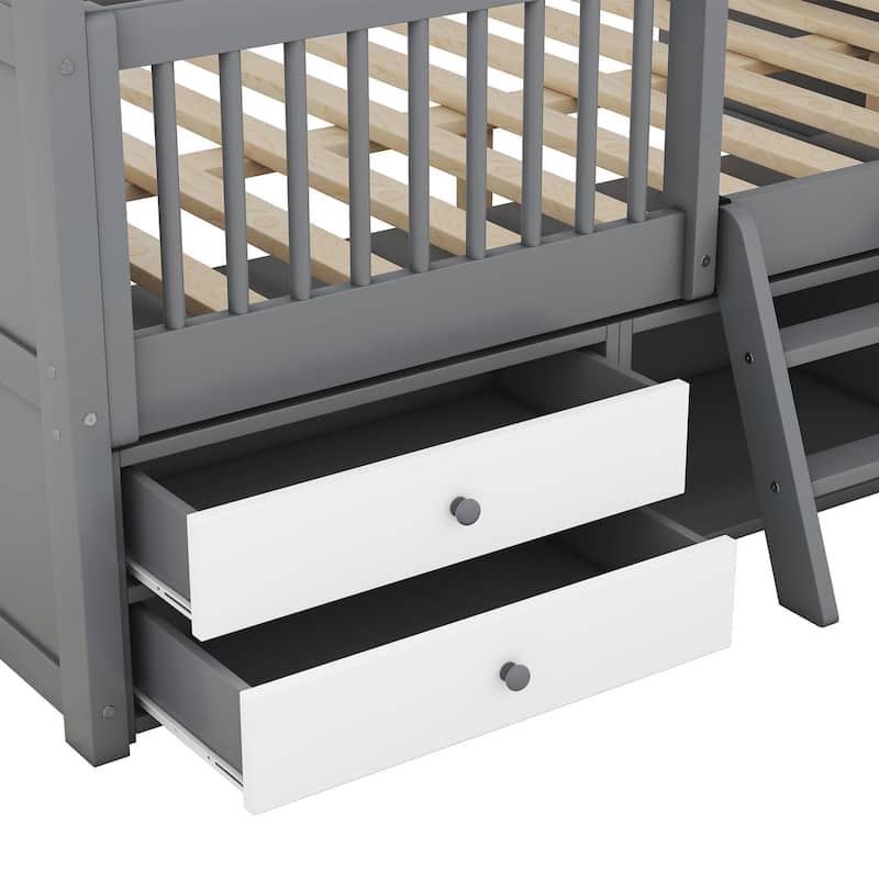 Full Size Wooden House Bed Frame with Roof Skylights, Drawers and Shelves, Kids Playhouse Bed with Ladder, Storage, and Fencing