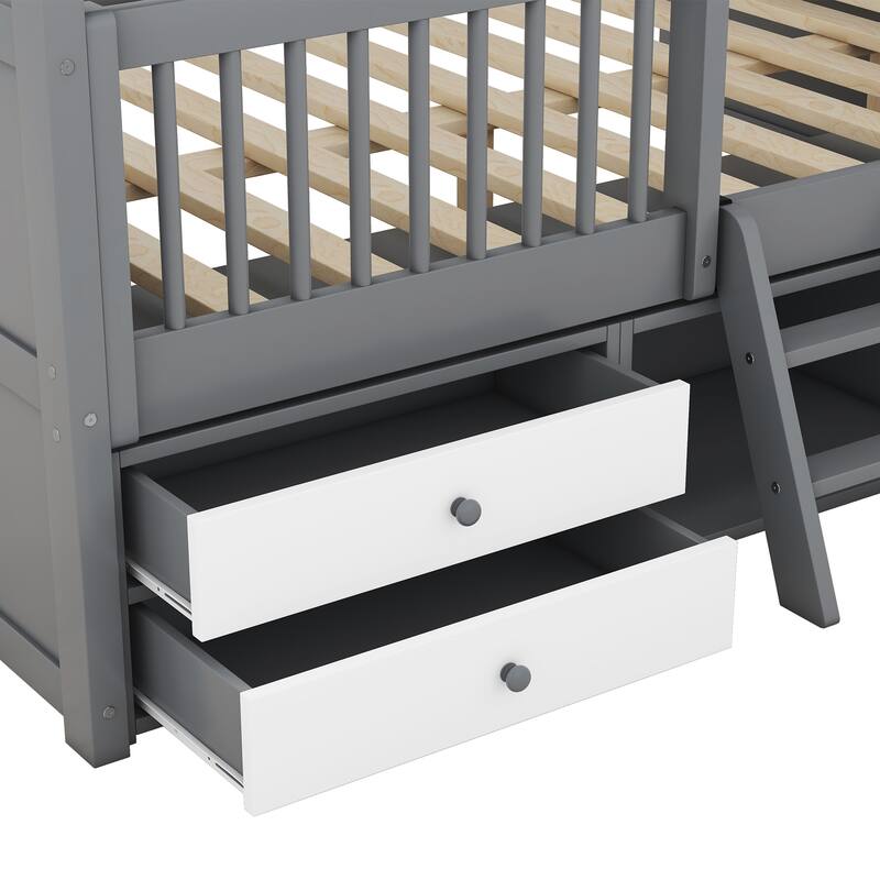 House Bed Wood Low Loft Bed House-shape Frame Bed with 2 Roof Skylights, Kids Storage Bed with 4 Drawers, Guardrail and Stairs