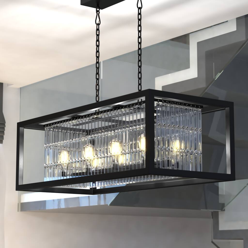 Catana 8L Crystal and Bronze Linear Chandelier Island Pendant Light Fixture - 40-in W x 13-in H x 18-in D