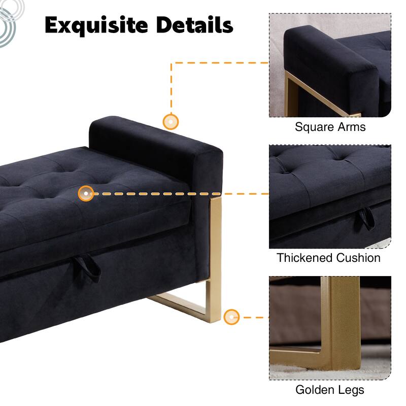 66" Storage Bench for Bedroom End of Bed with Double Lids and Gold Legs
