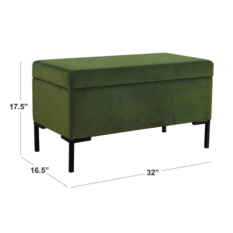 Ray Storage Bench Ottoman, Forest Green Velvet, Metal Legs, 32 Inch