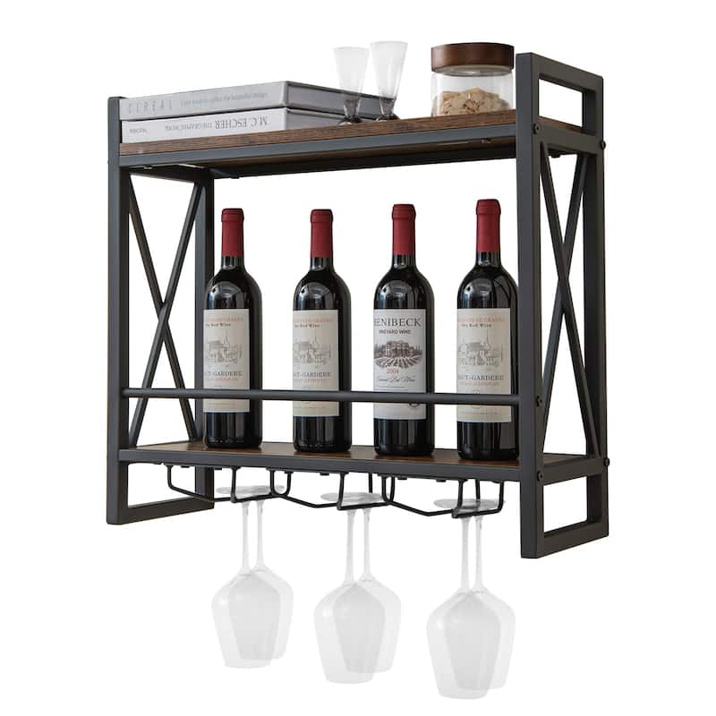 Industrial Wall Mounted Wine Rack with 3 Stem Glass Holders - Brown