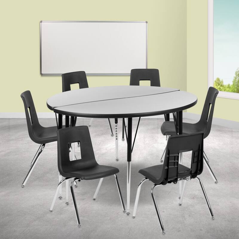 47.5" Circle Wave Flexible Activity Table Set with 18" Student Stack Chairs - Grey