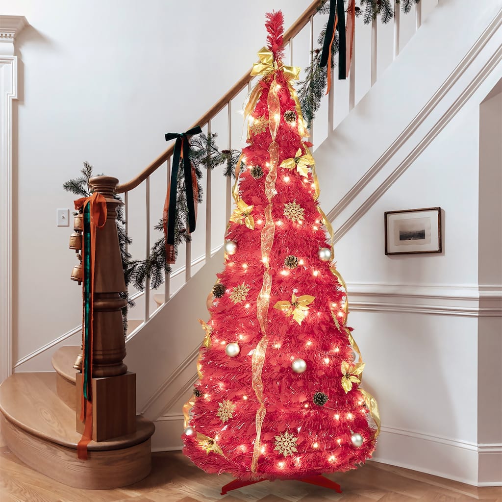 Pre-Lit Red Pop-Up Christmas Tree - Ornaments Included, Easy Assembly, Space-Saving