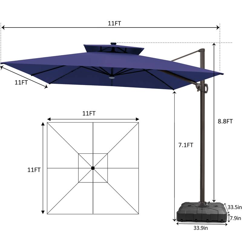 11 FT Square Outdoor Patio Cantilever Umbrella with Solar Lights All-Weather Wheeled Base Double Canopy 360 Rotation Tilt