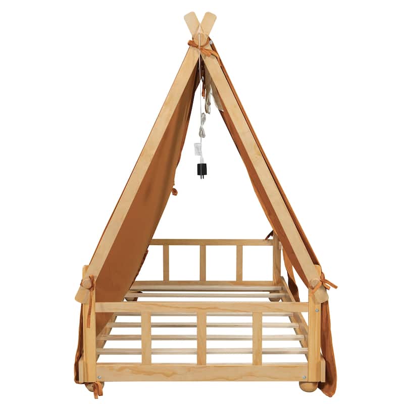 Deer Antler Accents House Bed Tent with Light and Roll-Up Curtain Skylight, Low Platform Bed with Detachable Tent and Roof