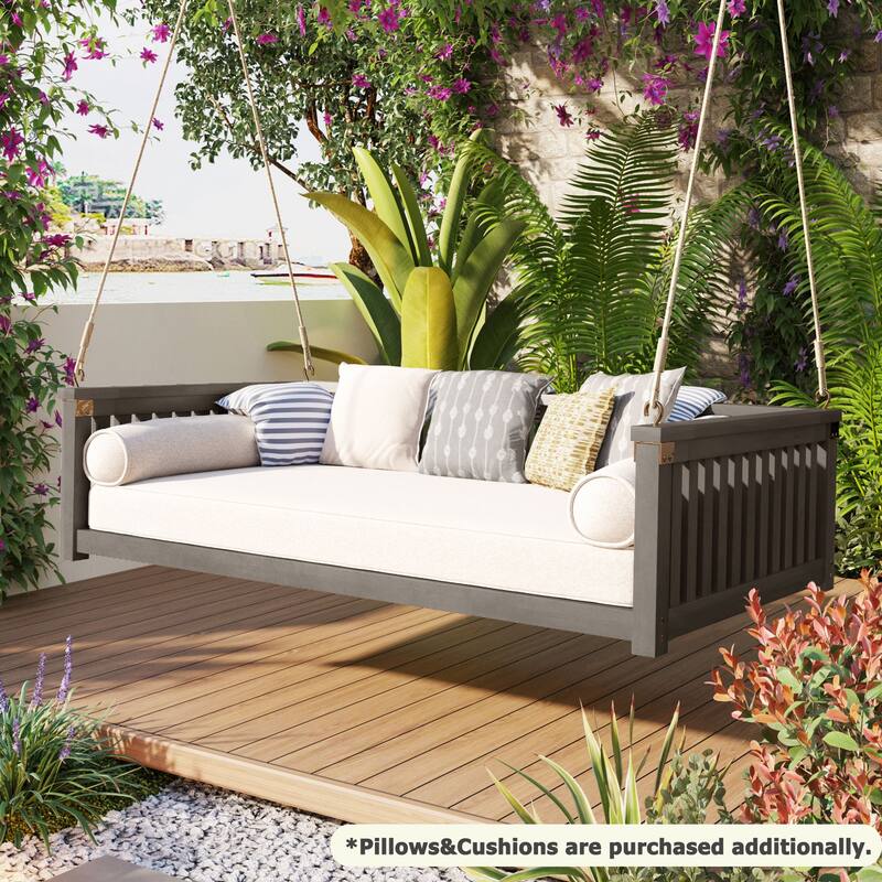 Acacia Wood Twin Size Patio Swing Bed, Outdoor Porch Hanging Bed with Safe Sloped Design and Hemp Ropes for Garden or Backyard