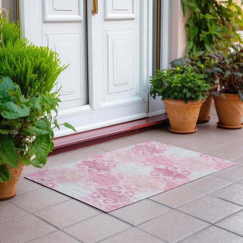 Machine Washable Indoor/ Outdoor Chantille Scroll Rug - Pink - 1'8" x 2'6"