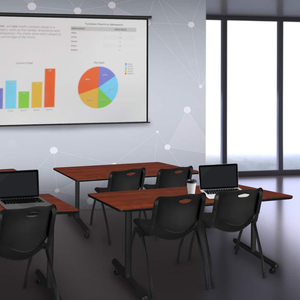 48" x 24" Training Table- Cherry & 2 'M' Stack Chairs- Black - 48 x 24 inches