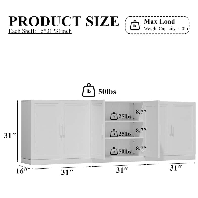 3-Set Wooden Door Sideboard Buffet Storage Cabinets with Adjustable Shelves - 93"Lx31"H