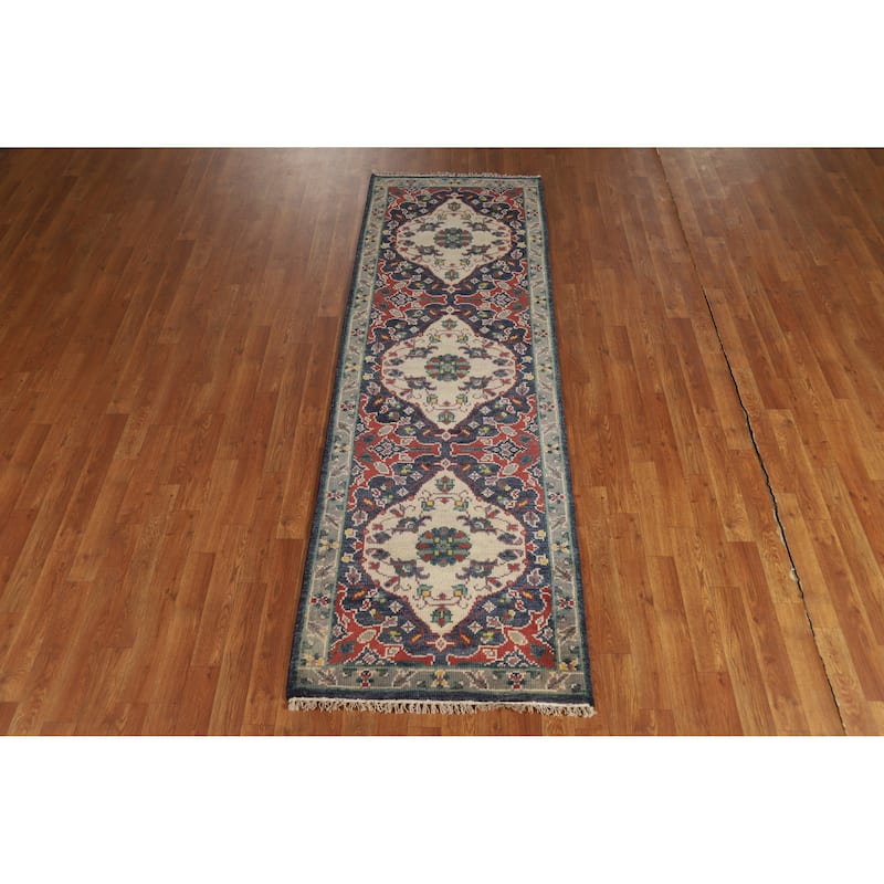 Hand Knotted Oriental 100% Wool Carpet Traditional Floral Navy Blue & Blues Heriz (serapi) Runner Rug - 8' 1'' X 2' 7''