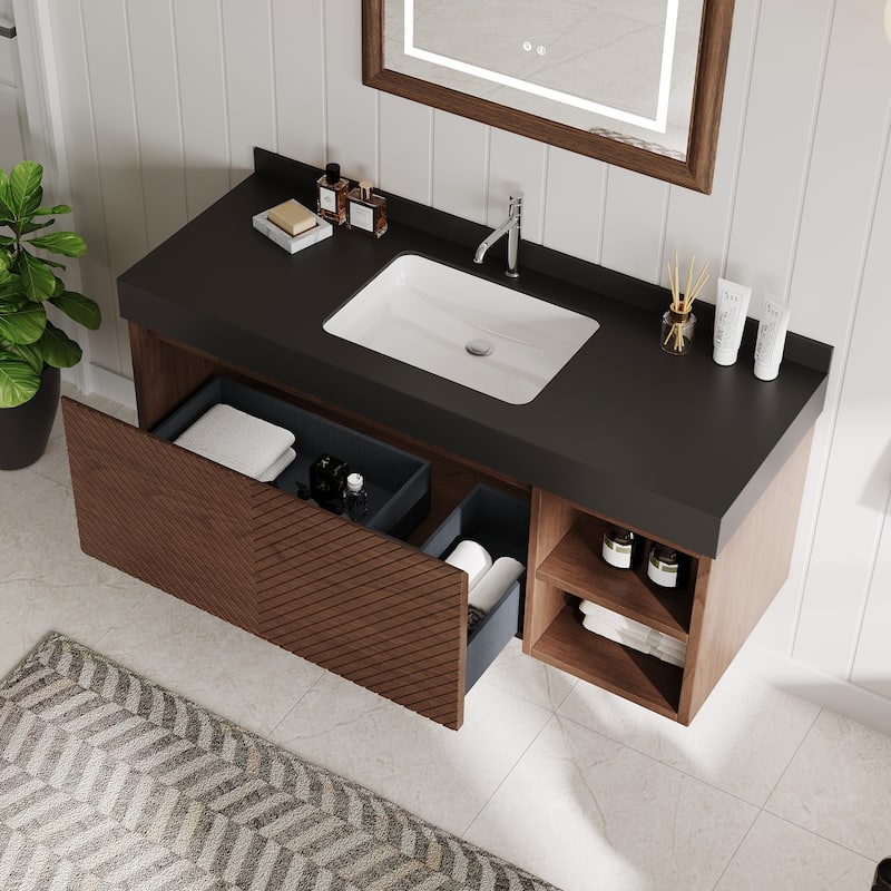 48" Modern Floating Single Bathroom Vanities with Sink, Brown or Natural wood, 2 Drawers