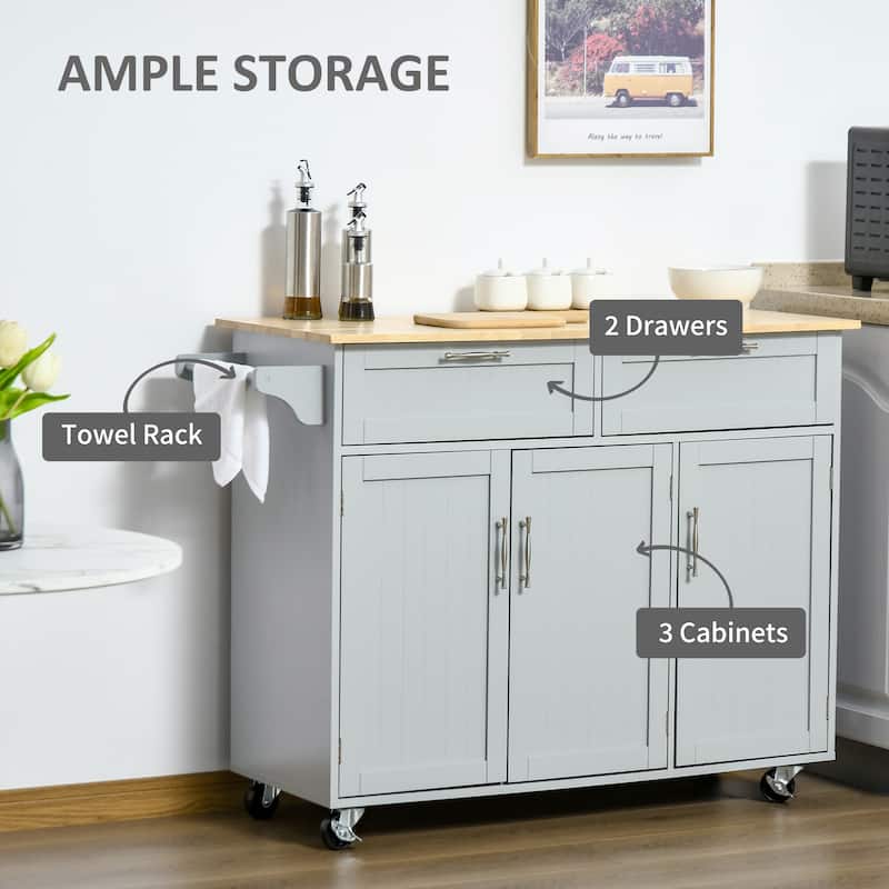 HOMCOM 48" Modern Kitchen Island Cart on Wheels with Storage Drawers, Rolling Utility Cart with Adjustable Shelves, Cabinets