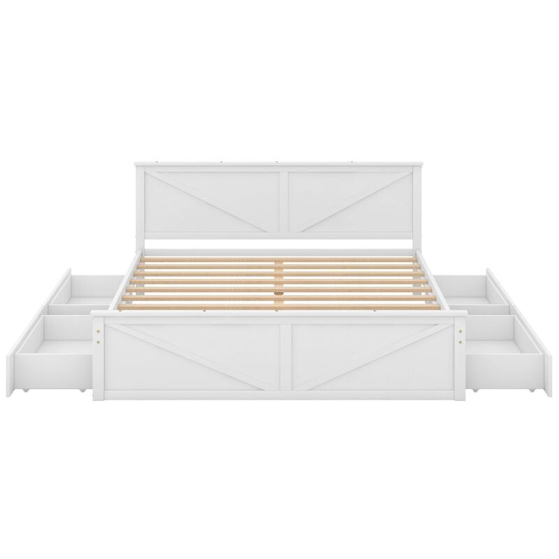 Wooden platform bed with four storage drawers