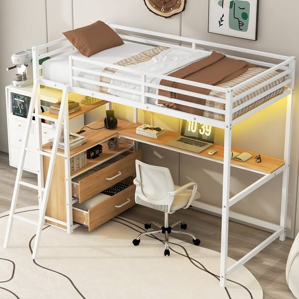slide 2 of 15, Twin Size Metal&Wood Loft Bed with Desk and Shelves, Two Built-in Drawers, LED Light and USB Charging Station White