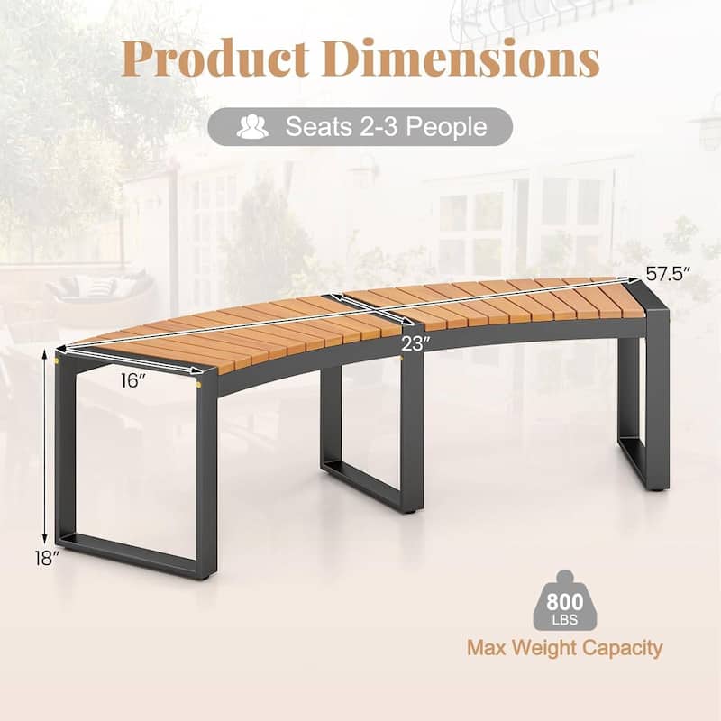 Natural Black Acacia Wood Metal Curved Backless Outdoor Garden Bench - 23"D x 57.5"W x 18"H