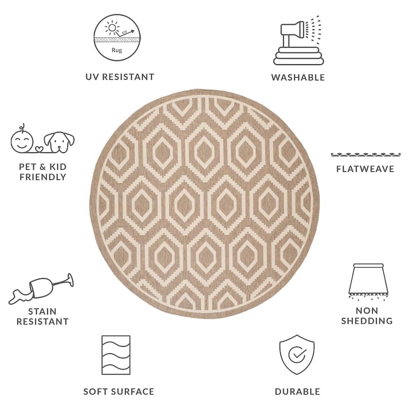 SAFAVIEH, Courtyard Bebhinn Indoor/ Outdoor Patio Backyard Rug - 7'10" Round - Brown/Bone