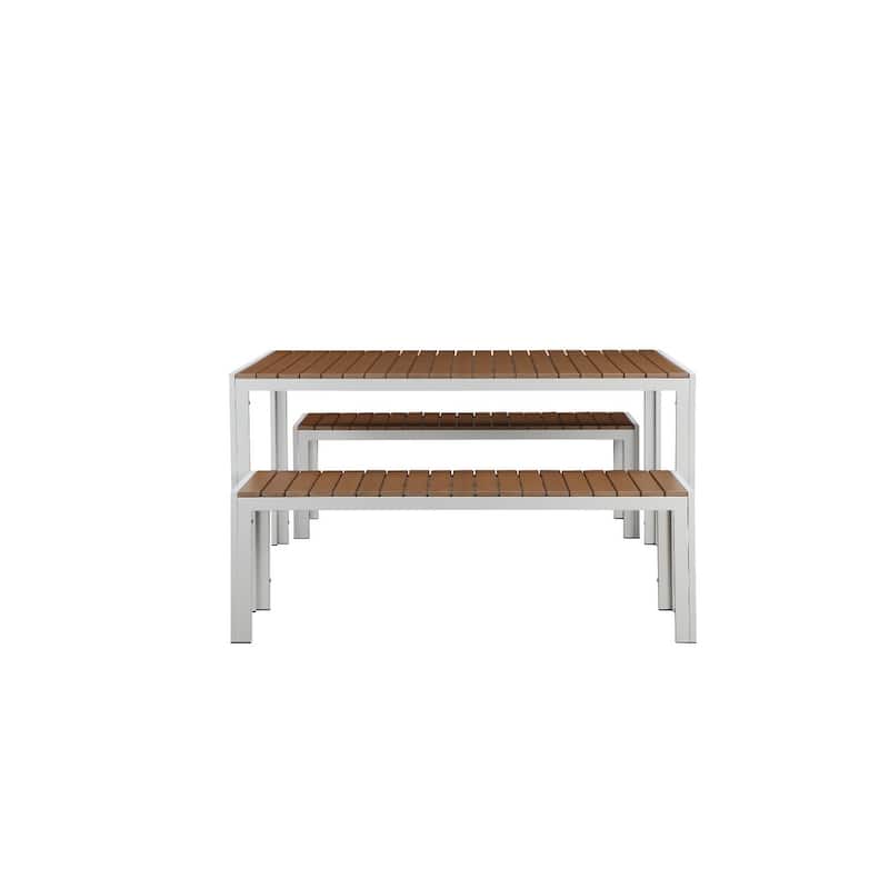 Plain and Contemporary Anodized Aluminum Table and Bench Set in White (Set of 3)