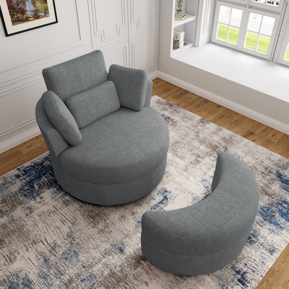 Chenille/Boucle Swivel Barrel Chair with Storage Ottoman