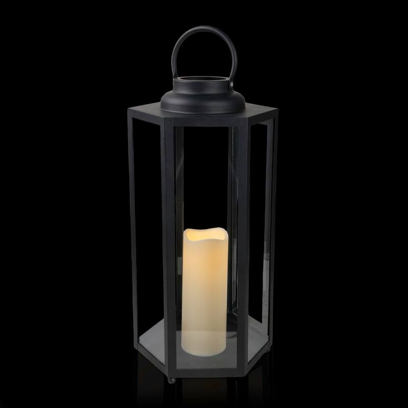 Alpine Corporation 18" Tall Outdoor Hexagonal Battery-Operated Metal Lantern with LED Lights, Black