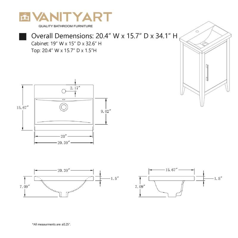 Vanity Art 20" or 24" or 30" Single Sink Bathroom Vanity Cabinet with Ceramic Top