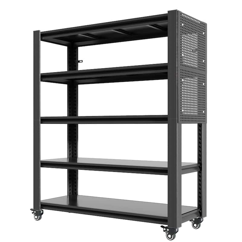 72"H 5 Tier Adjustable Shelving with Pegboard and Wheel, Heavy Duty Storage Shelves, Metal Shelving Unit Multipurpose Shelf