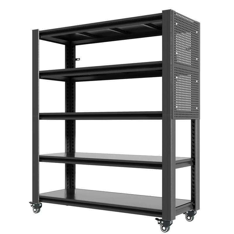 78"H 5 Tier Adjustable Shelving with Pegboard and Wheel, Heavy Duty Storage Shelves, Metal Shelving Unit Multipurpose Shelf - Black