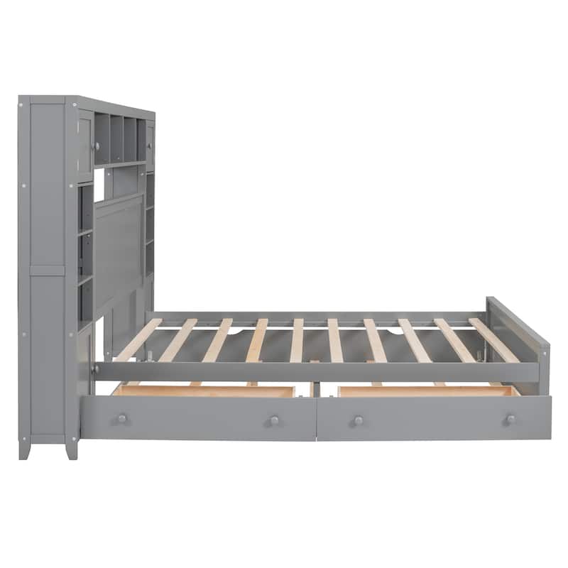 Queen Size Wooden Bed with All-in-One Cabinet, Shelf and Sockets,Twin XL Trundle,White