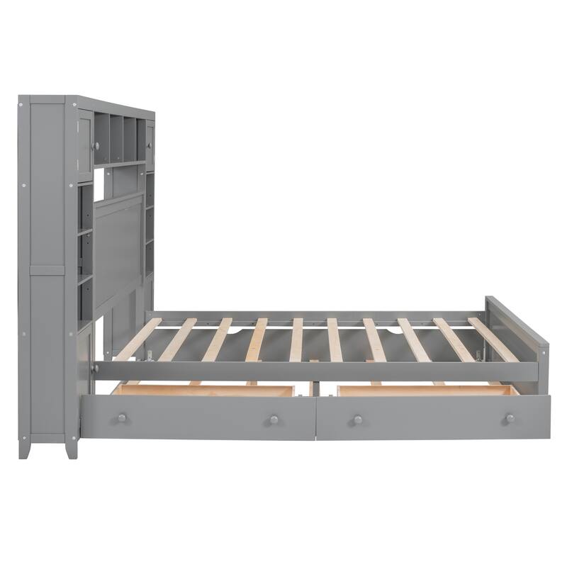 Queen Size Wooden Bed with Built-in Cabinet, Shelf, and Sockets, Twin XL Trundle, Gray