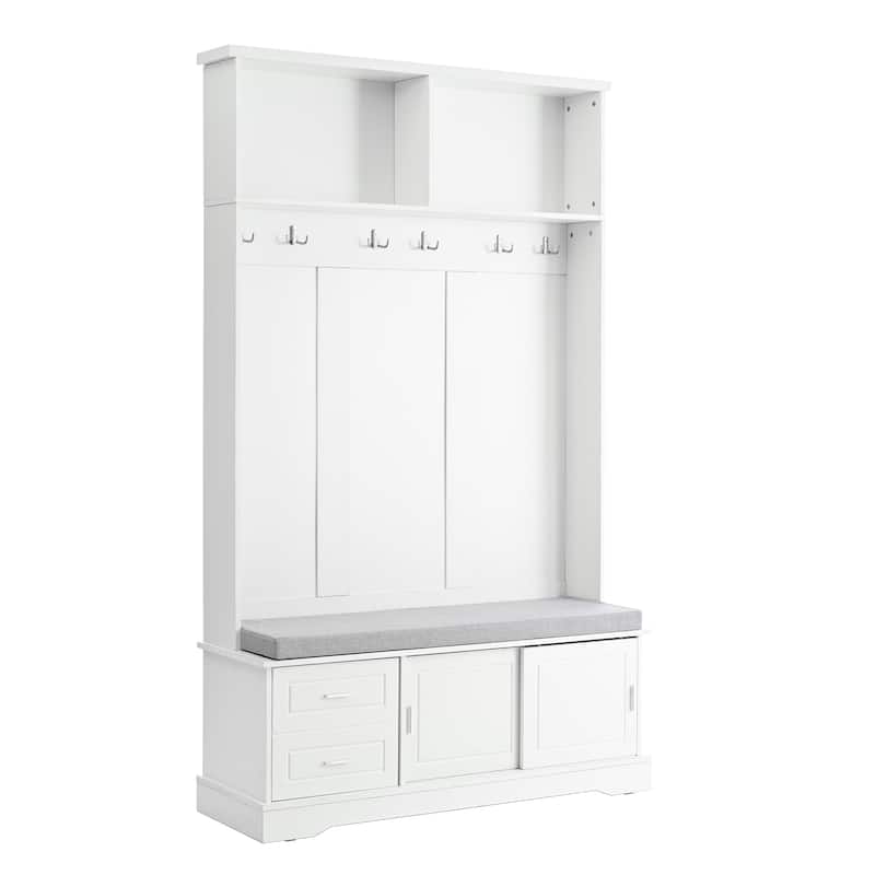 Entryway 3-in-1 Hall Tree with Storage Bench & Sliding Doors, Shoe Cabinet Coat Rack with Cushioned Seat & Anti-Tip