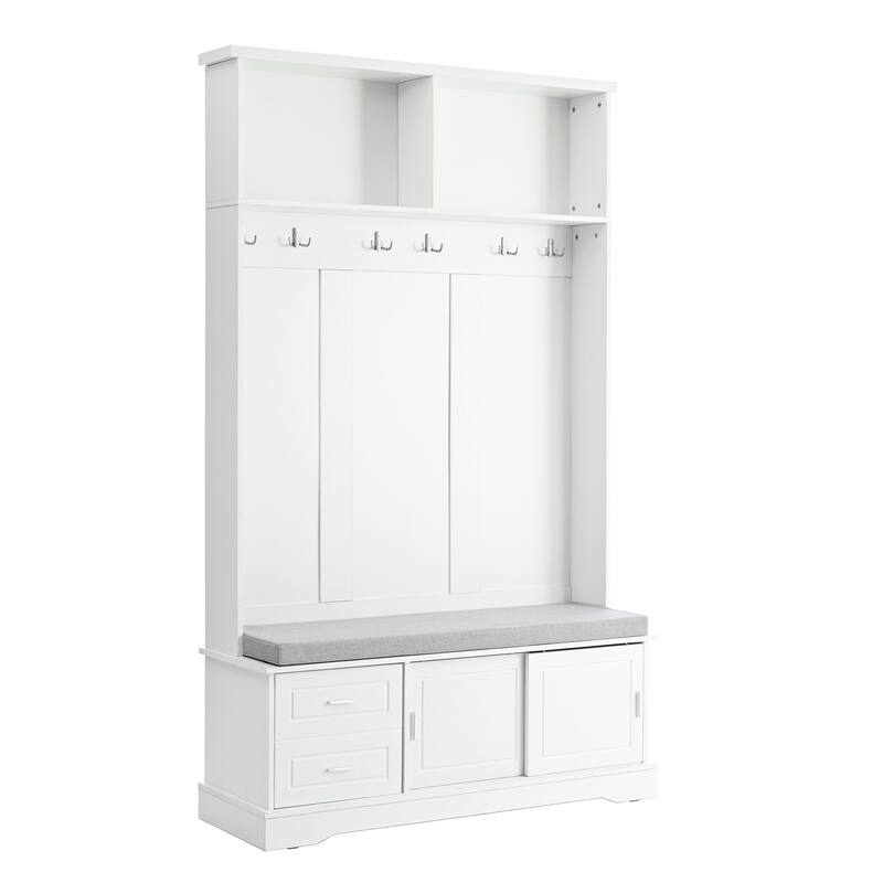 Hall Tree with Sliding Doors, Versatile Coat Rack with 6 Hooks & Handles, Mudroom Upholstered Bench Cabinet w/ Shoe Storag