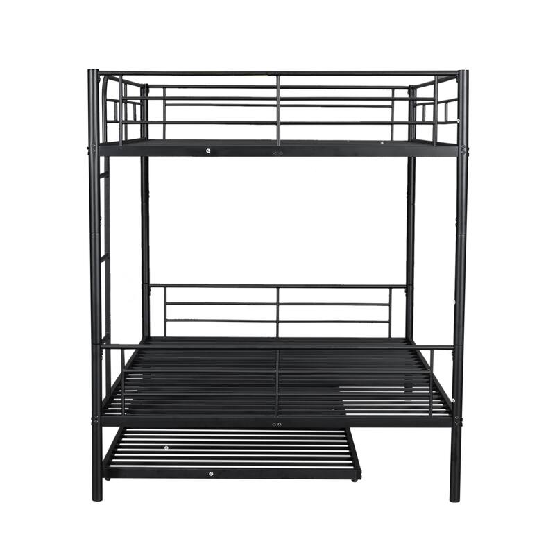 Full Over Full Metal Bunk Bed with Trundle and Guardrail, Convertible to Two Beds