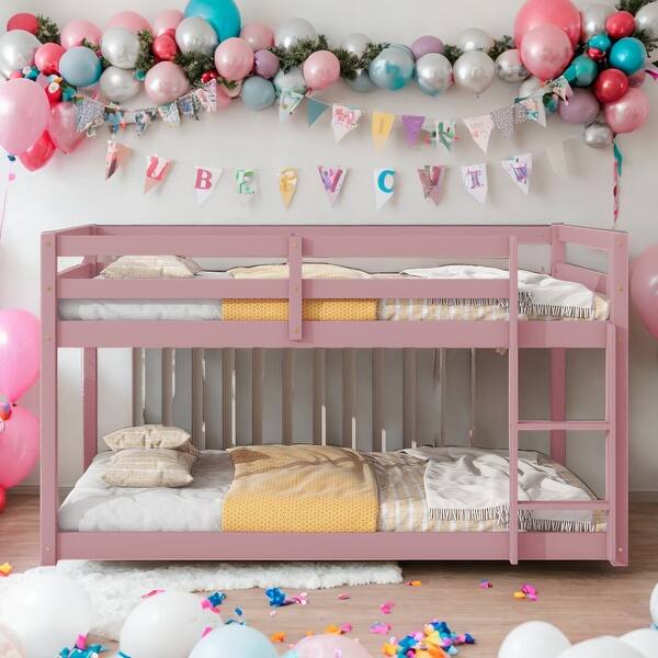 slide 2 of 9, Modern Twin over Twin Floor Bunk Bed With Low Height Design For Kids Pink