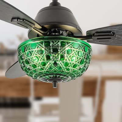 Izzy River of Goods 3-blade 42-inch Modern Indoor Ceiling Fan with Green Hand-Cut Glass Shade and Remote Control