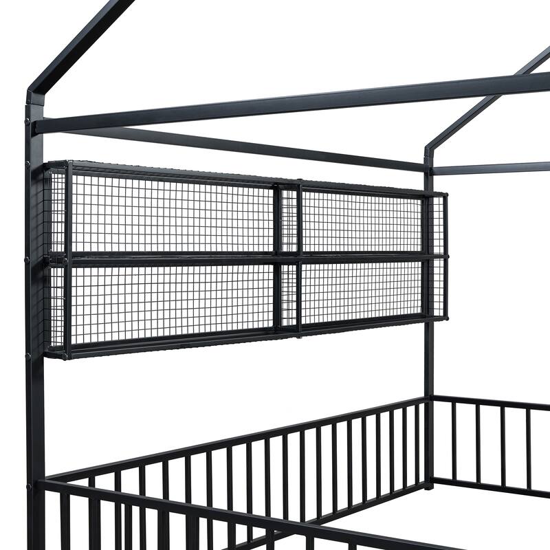Full Size Metal House Bed Frame with Built-In Grid Shelves, Playful Canopy Design and Space-Saving Storage