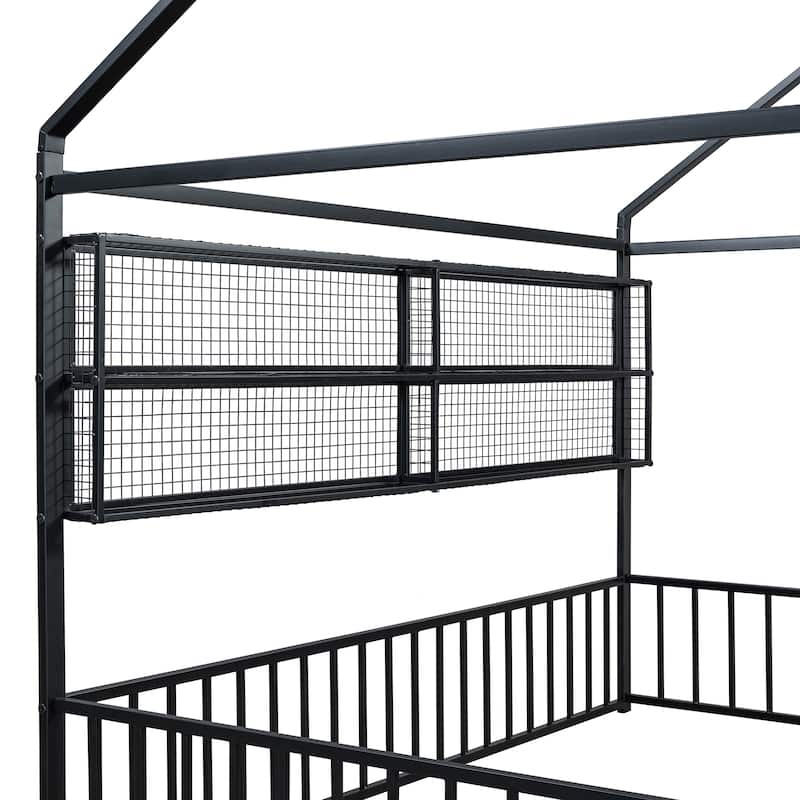Metal House Bed Frame Kids Montessori Bed Floor Bed with Fence and Shelves for Kids Girls Boys