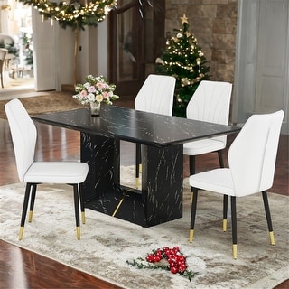 63" Black Marble Dining Set with 4 White PU Chairs & Golden Legs for ...