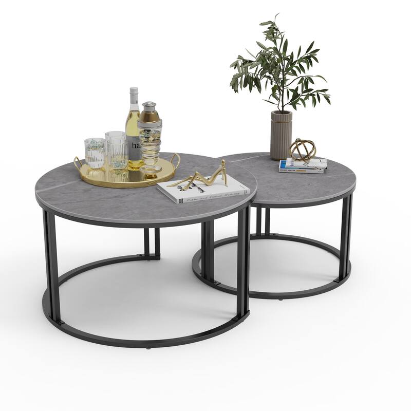 2X Round Nested Coffee Table Sintered Stone Top Metal Tables - 27”x16”