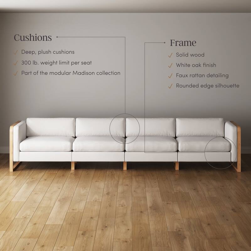 Madison Modern Upholstered Modular Sofa or Couch for Living Room with Solid Wood Legs