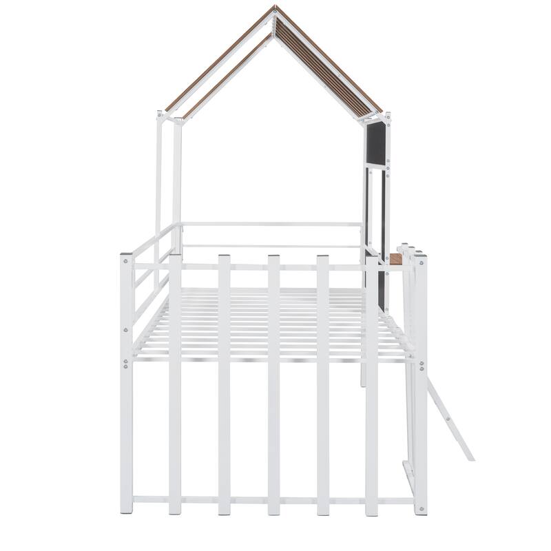 White Metal Twin Loft Bed with Roof, Window & Guardrail - 300LBS Capacity